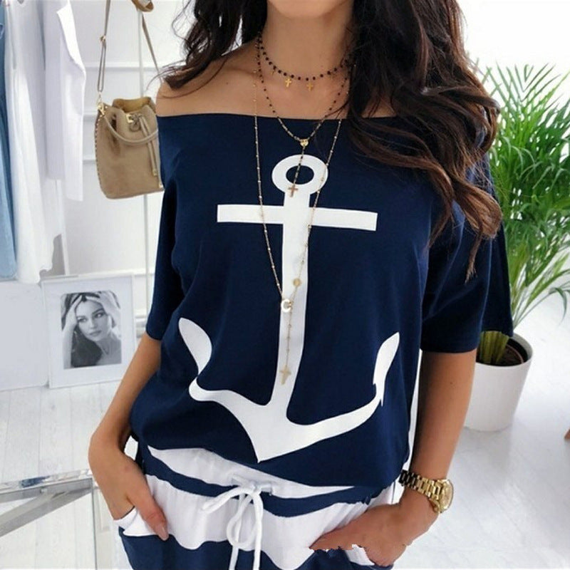 Women's Loose Off-the-shoulder Batwing Printed T-shirt Shirt Blouses