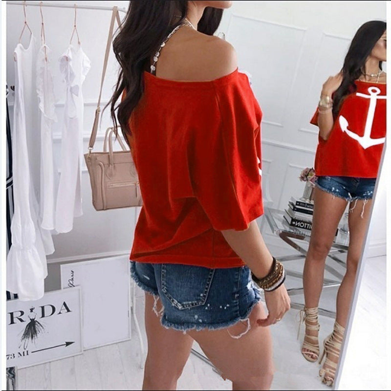 Women's Loose Off-the-shoulder Batwing Printed T-shirt Shirt Blouses