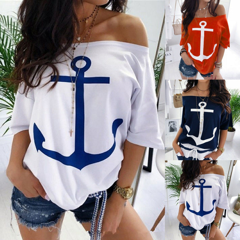 Women's Loose Off-the-shoulder Batwing Printed T-shirt Shirt Blouses