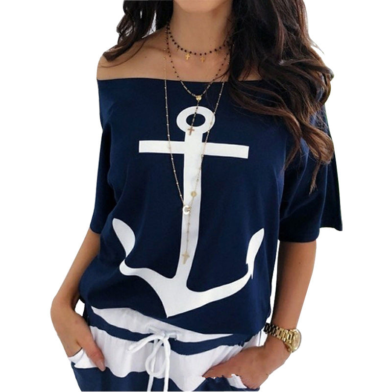 Women's Loose Off-the-shoulder Batwing Printed T-shirt Shirt Blouses