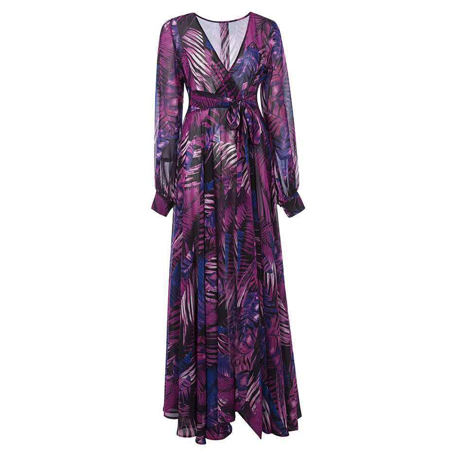 Women's Dress Collar Lantern Sleeve Printed Long Dresses