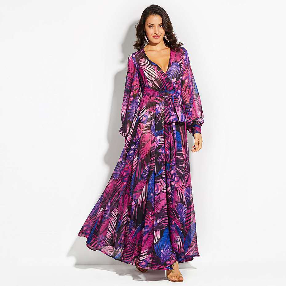 Robe longue imprimée à manches lanternes et col pour femme