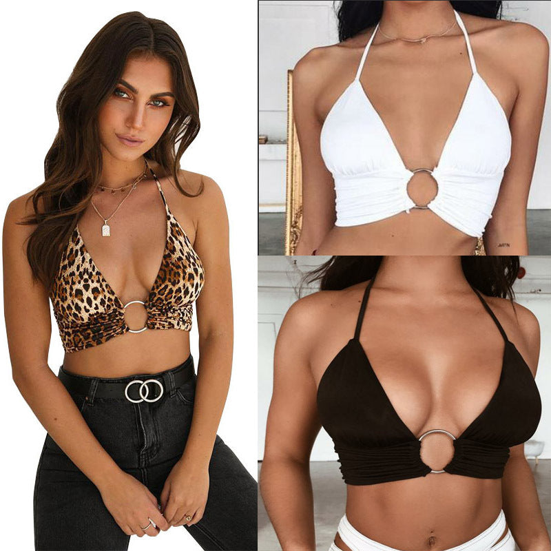 Women's Leopard Print Sexy Halter Lace-up Strappy Blouses