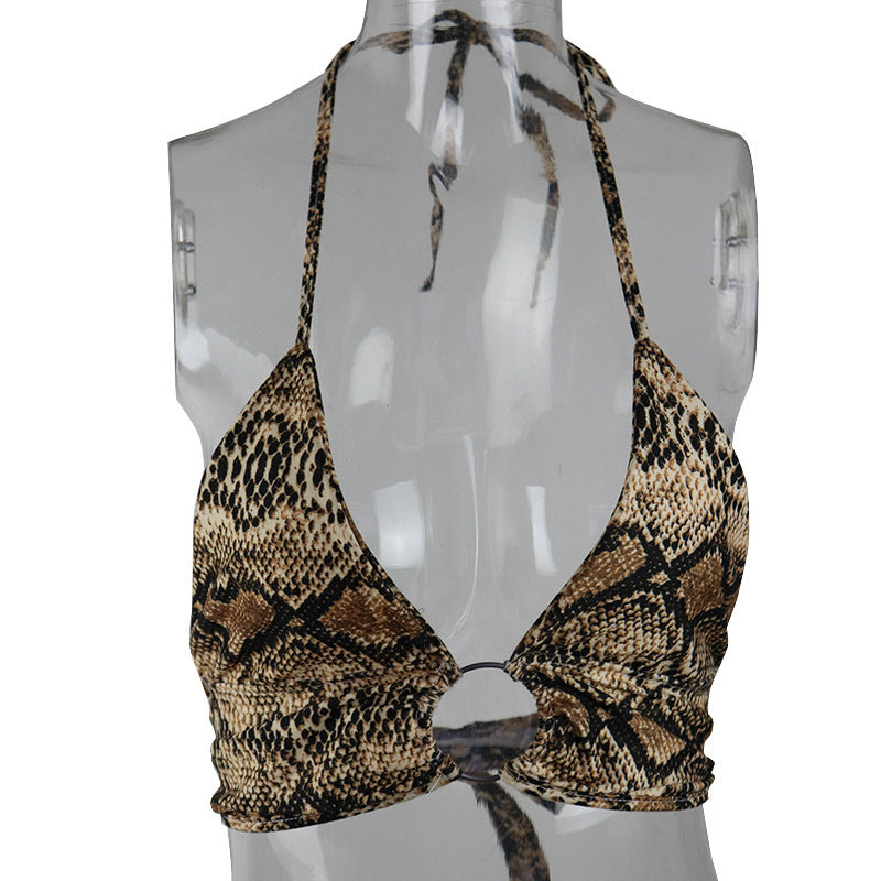 Women's Leopard Print Sexy Halter Lace-up Strappy Blouses