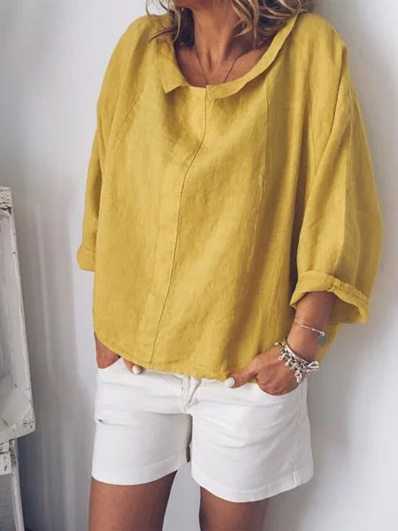 Solid Color Collar Shirt Cotton Pullover Blouses