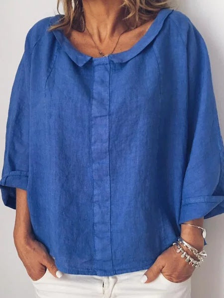 Solid Color Collar Shirt Cotton Pullover Blouses