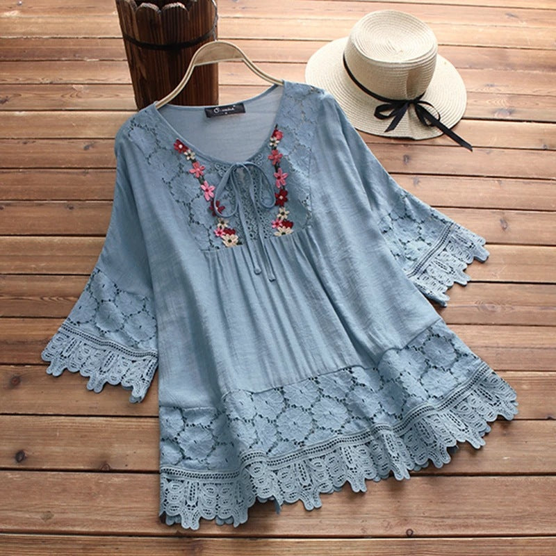 Women's Summer Cotton Linen Stitching Lace Elegant Blouses