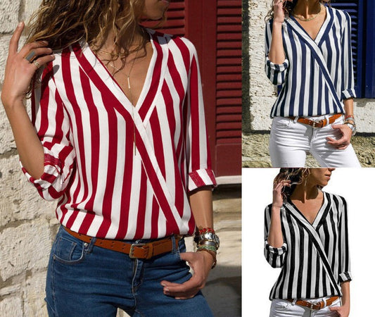 Women's Trendy Long Sleeve Striped Ladies Blouses