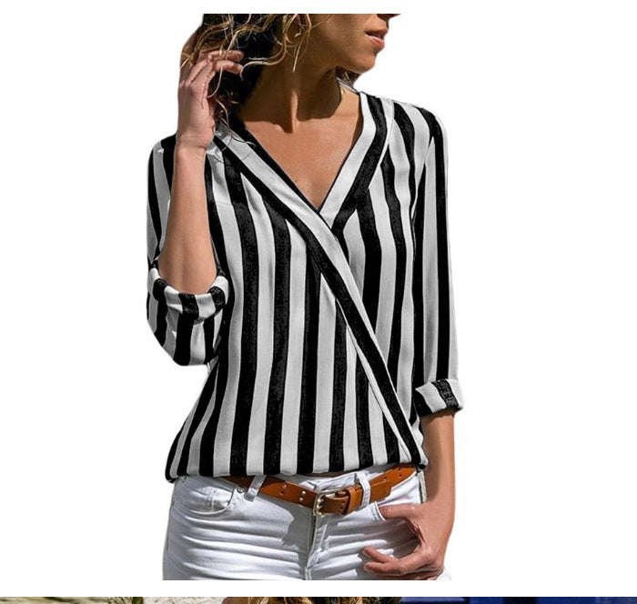 Women's Trendy Long Sleeve Striped Ladies Blouses