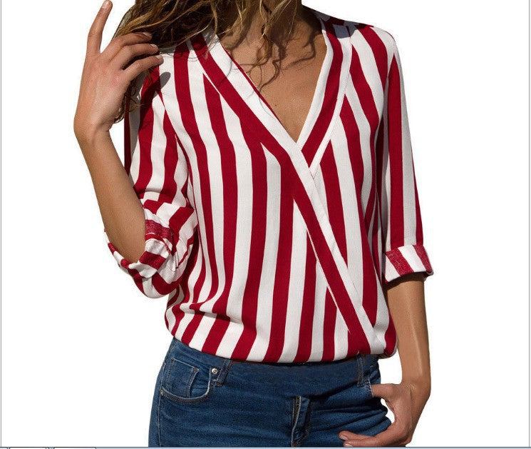 Women's Trendy Long Sleeve Striped Ladies Blouses