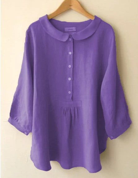 Cotton Linen Collar Pullover 3/4 Sleeve Blouses