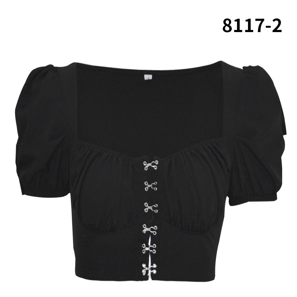 Women's Collar Buckle Design Puff Sleeve Simple Summer Blouses