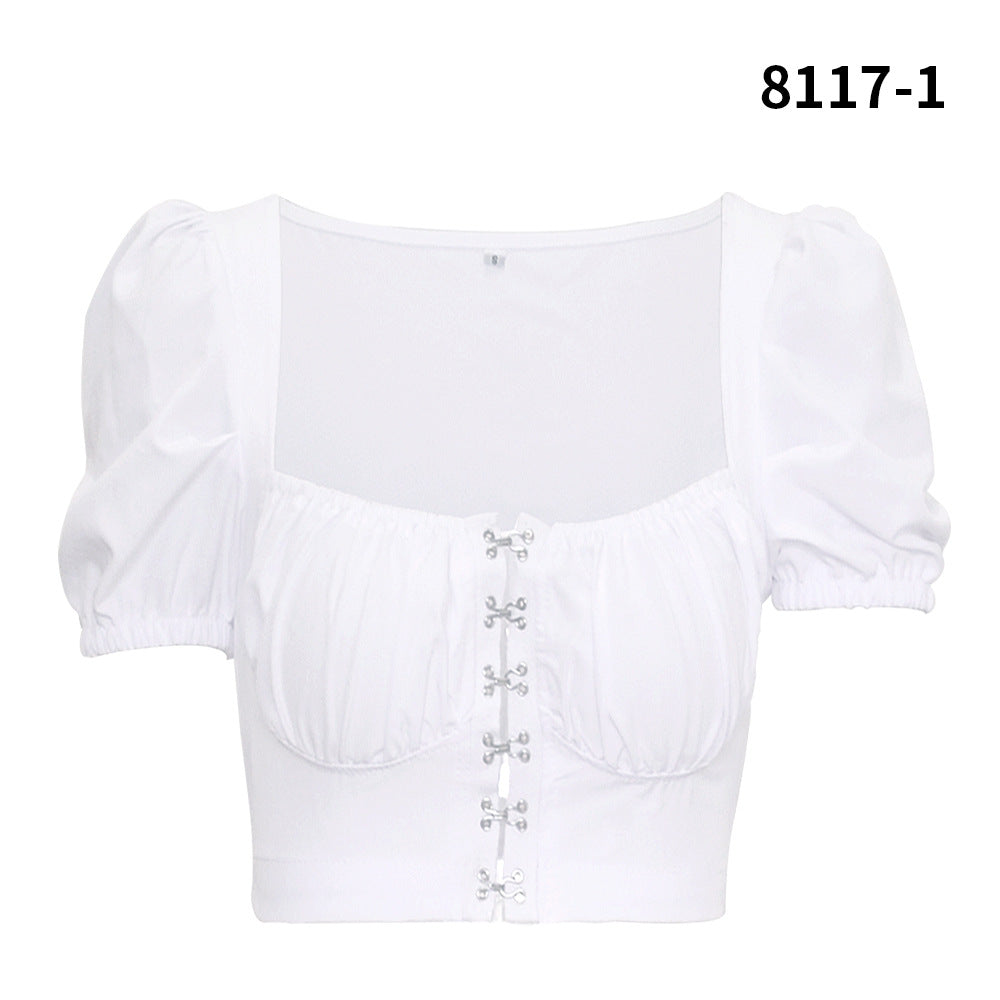 Women's Collar Buckle Design Puff Sleeve Simple Summer Blouses