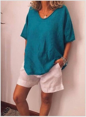 Summer Solid Color Loose Sleeve Casual Cotton Linen Shorts