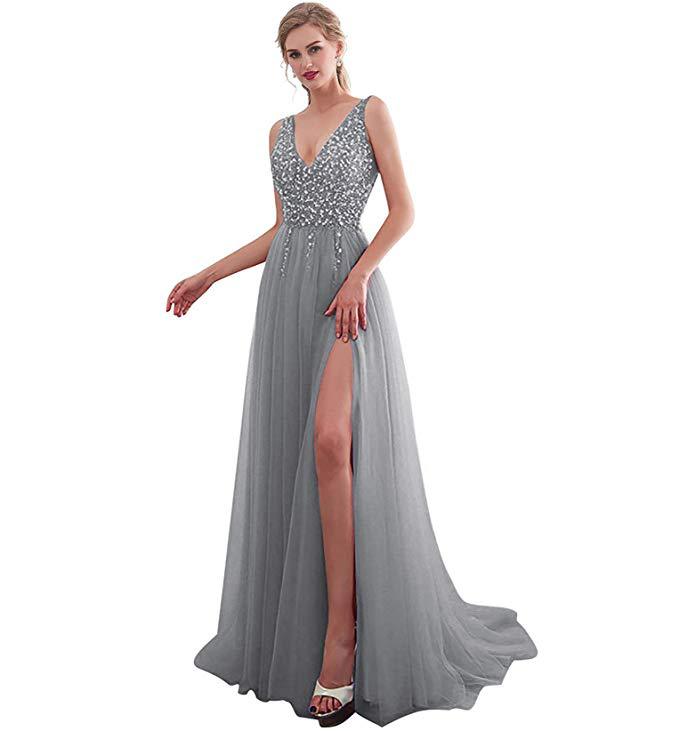 Women's Elegant Sequins Sexy V-neck Backless Long Wedding Dresses