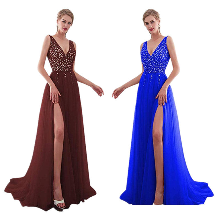 Women's Elegant Sequins Sexy V-neck Backless Long Wedding Dresses