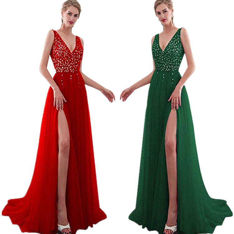 Women's Elegant Sequins Sexy V-neck Backless Long Wedding Dresses