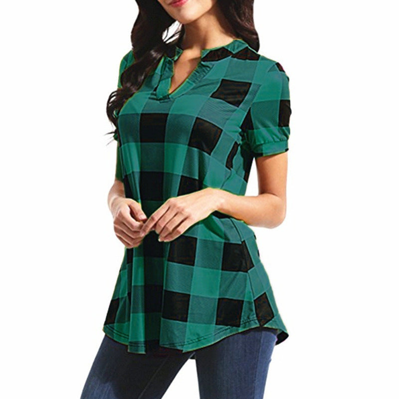 Women's Plaid Printed V-neck Sleeve Loose Shirt Blouses