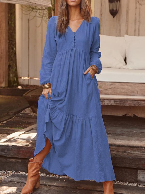 Women's Button Cotton Linen Retro Casual Long-sleeved Dresses