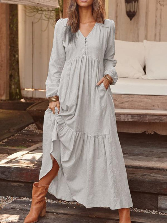 Women's Button Cotton Linen Retro Casual Long-sleeved Dresses