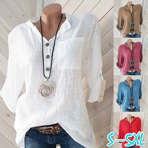 Women's Solid Color V-neck Pocket Multi-color Blouses