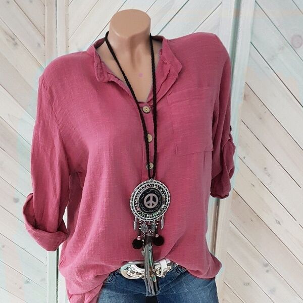 Women's Solid Color V-neck Pocket Multi-color Blouses