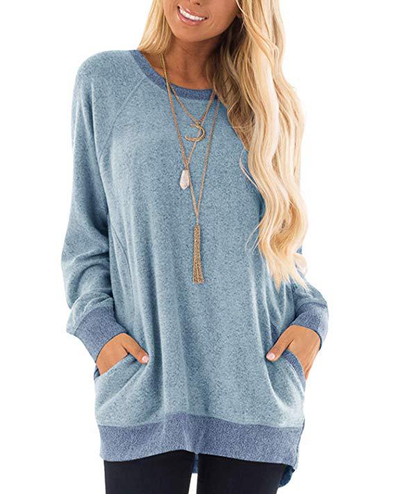 Women's Color Pocket Long Sleeve Pullover Casual Sweaters