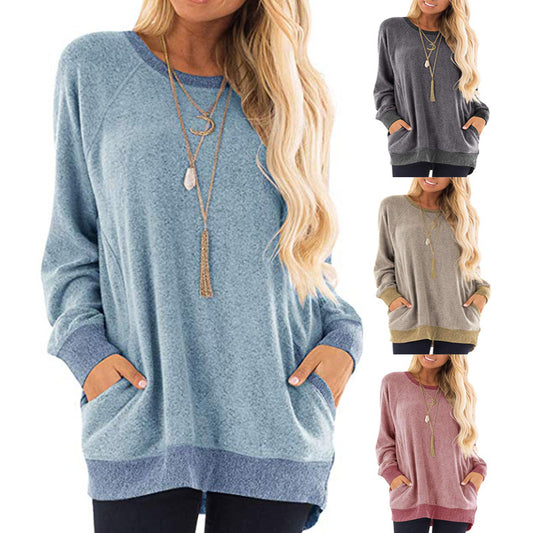 Women's Color Pocket Long Sleeve Pullover Casual Sweaters