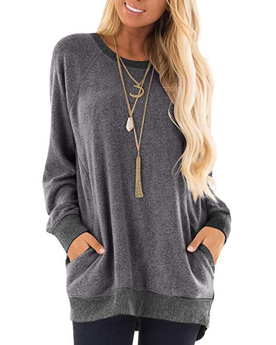 Women's Color Pocket Long Sleeve Pullover Casual Sweaters