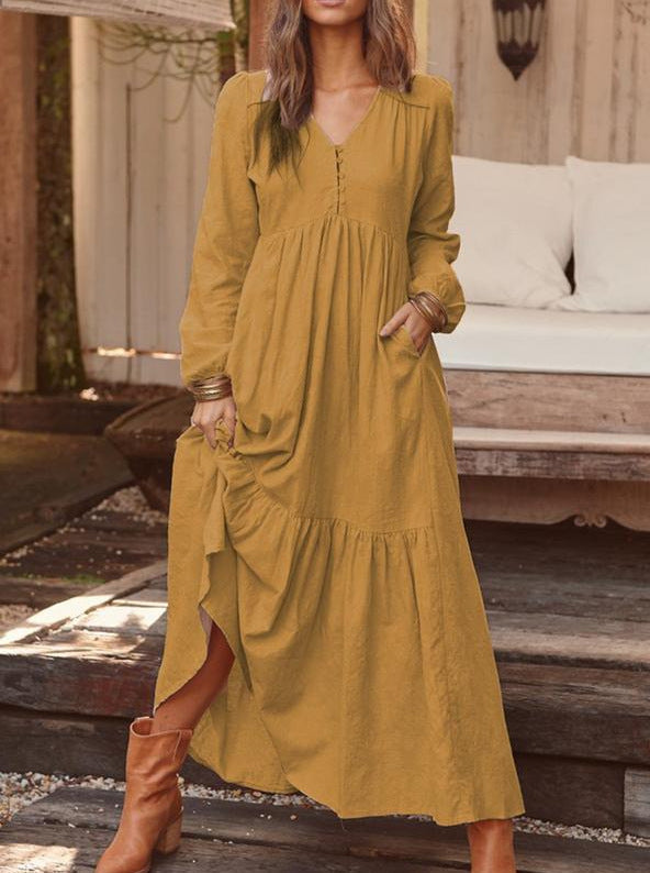 Women's Button Cotton Linen Retro Casual Long-sleeved Dresses