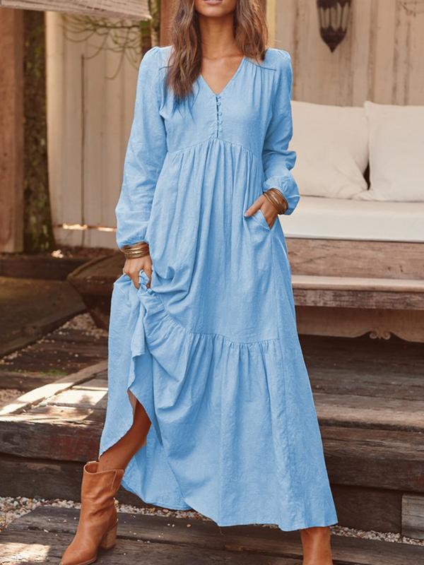 Women's Button Cotton Linen Retro Casual Long-sleeved Dresses