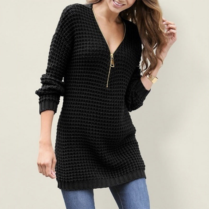 Casual Women's Mid-length Zipper V-neck Dress Sweaters