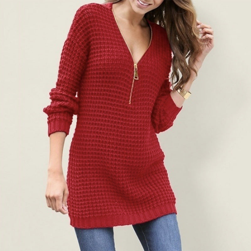 Casual Women's Mid-length Zipper V-neck Dress Sweaters