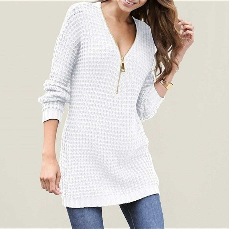 Casual Women's Mid-length Zipper V-neck Dress Sweaters