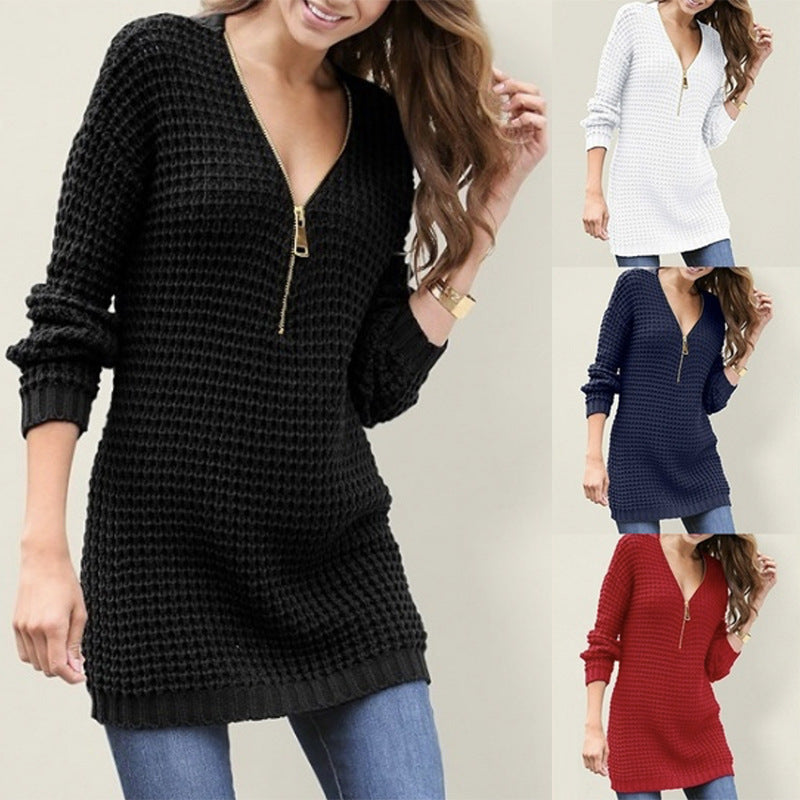 Casual Women's Mid-length Zipper V-neck Dress Sweaters