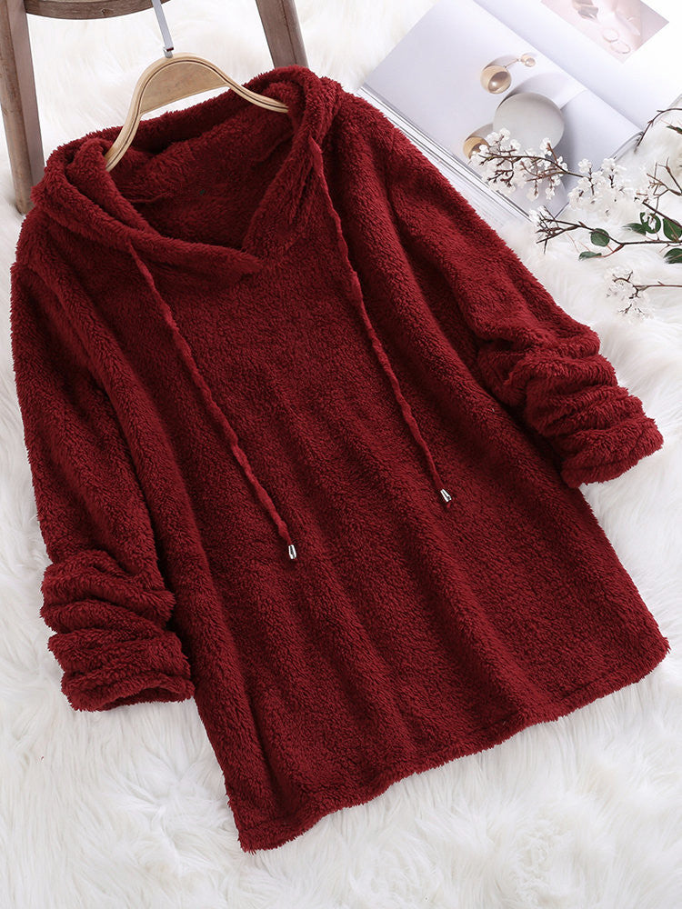 Women's Solid Color Long Sleeve Hooded Plush Double-sided Veet Fleece Sweaters