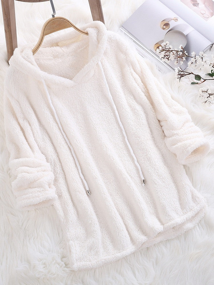 Women's Solid Color Long Sleeve Hooded Plush Double-sided Veet Fleece Sweaters