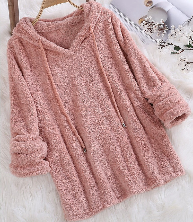 Women's Solid Color Long Sleeve Hooded Plush Double-sided Veet Fleece Sweaters