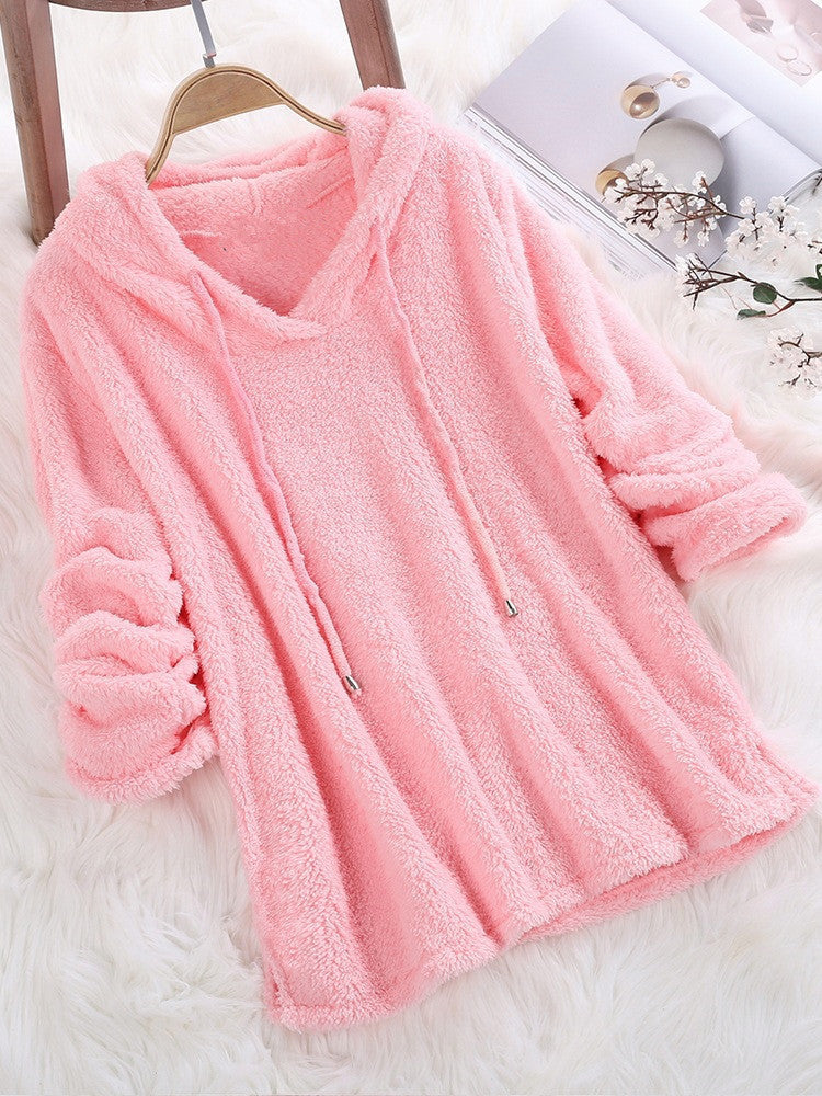 Women's Solid Color Long Sleeve Hooded Plush Double-sided Veet Fleece Sweaters