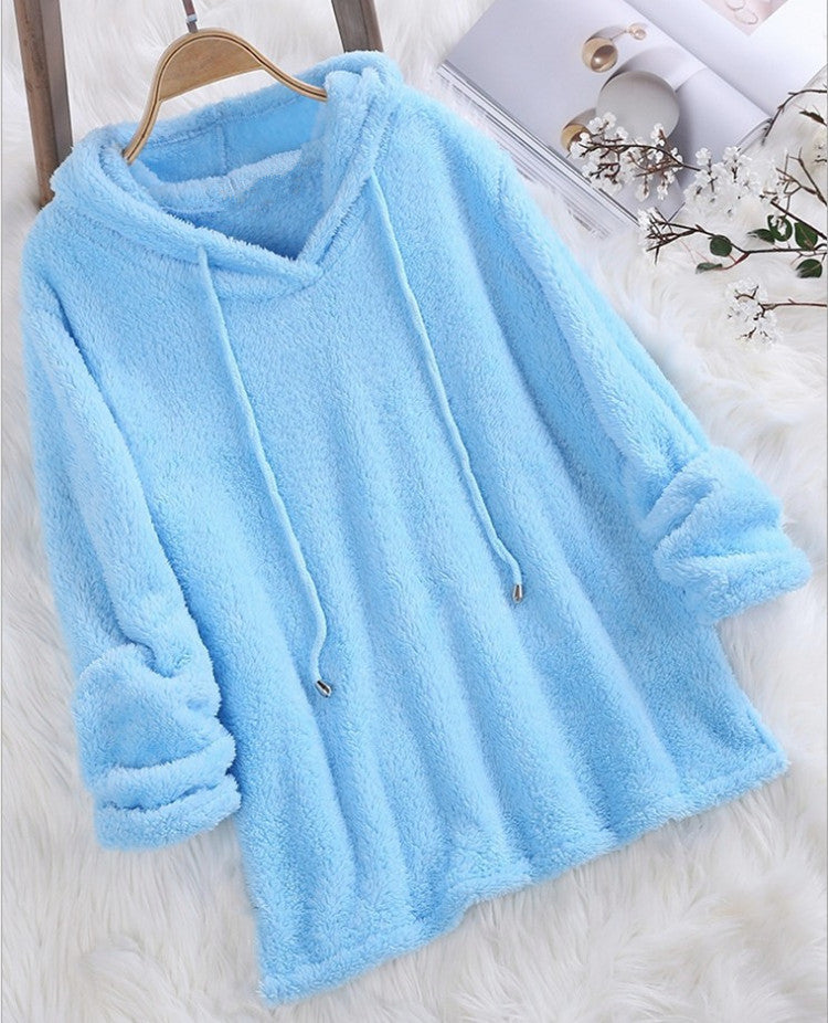 Women's Solid Color Long Sleeve Hooded Plush Double-sided Veet Fleece Sweaters