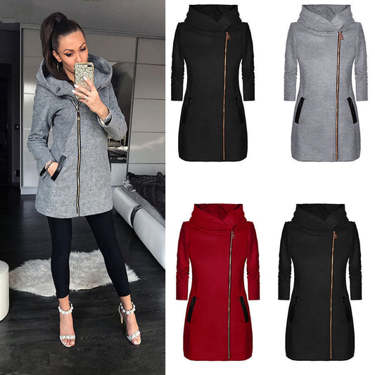 Women's Zipper Fleece Padded Mid-length Hooded Sweaters