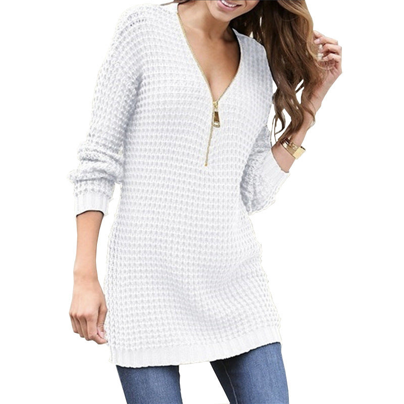 Casual Women's Mid-length Zipper V-neck Dress Sweaters