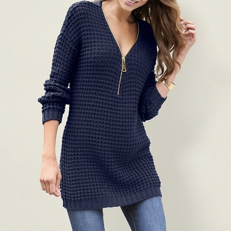 Casual Women's Mid-length Zipper V-neck Dress Sweaters