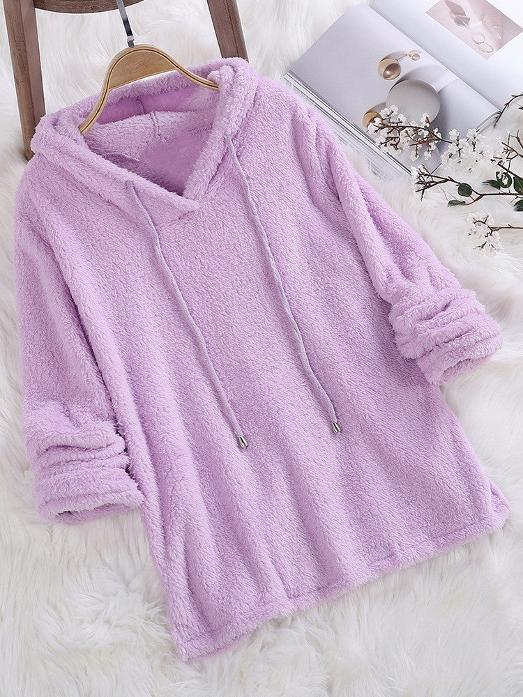 Women's Solid Color Long Sleeve Hooded Plush Double-sided Veet Fleece Sweaters