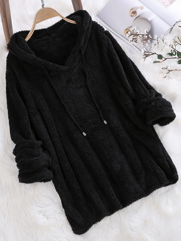 Women's Solid Color Long Sleeve Hooded Plush Double-sided Veet Fleece Sweaters