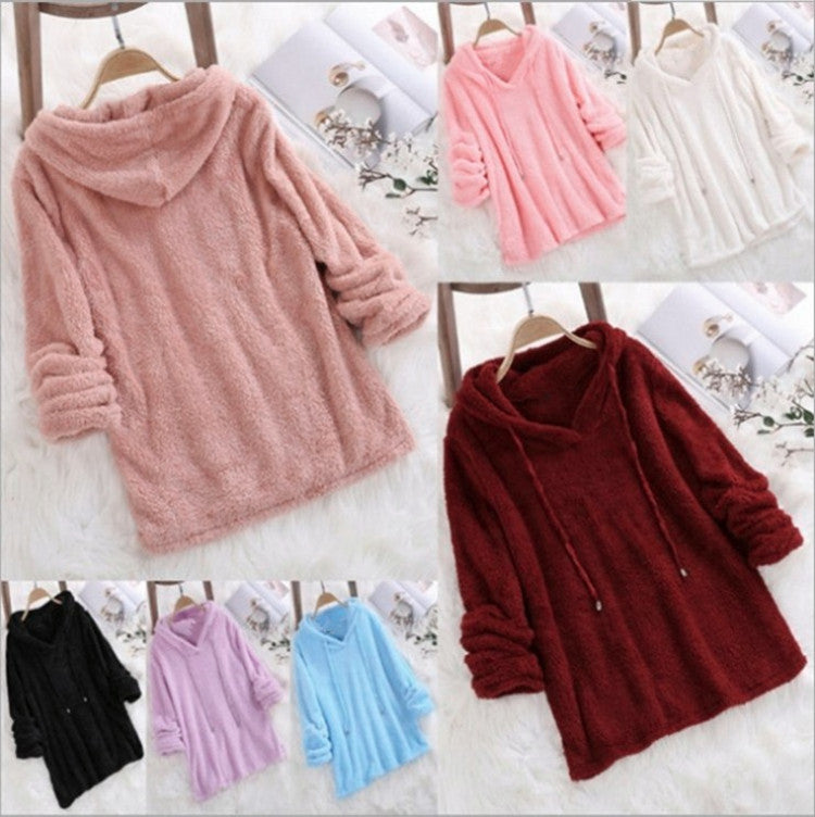 Women's Solid Color Long Sleeve Hooded Plush Double-sided Veet Fleece Sweaters