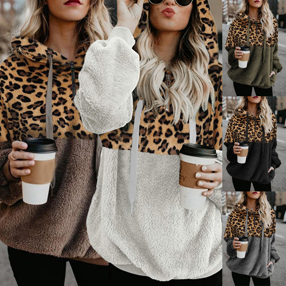 Versatile Long Sleeve Leopard Splicing Zip Plus Size