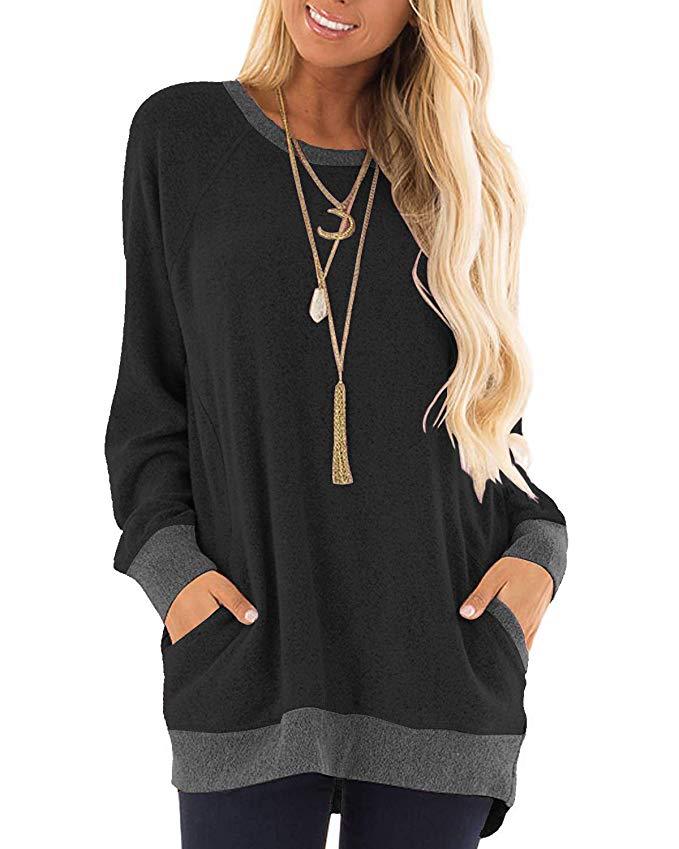 Women's Color Pocket Long Sleeve Pullover Casual Sweaters