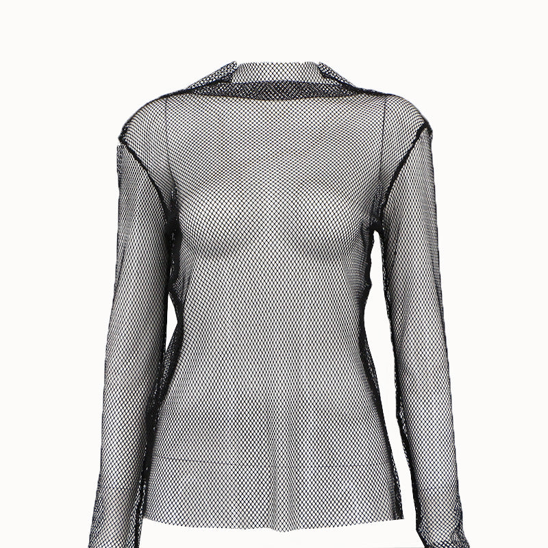 Women's Solid Color Collar Long Sleeve Mesh Blouses