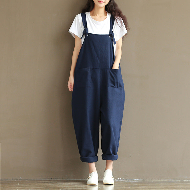 Women's Large Artistic Dark Blue Suspender Casual Pants